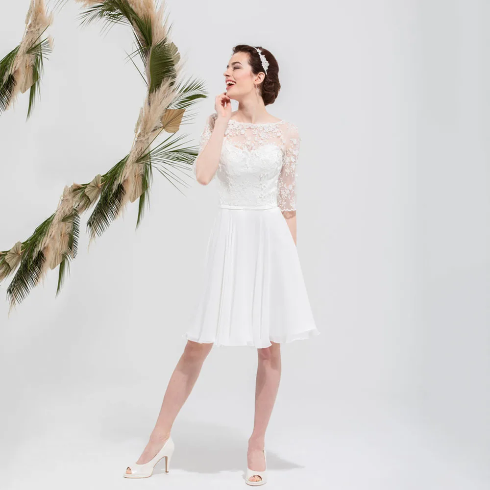 

Retro Wedding Dress Short Kenn Length Sweetheart A Line Civil Bridal Gown Half Sleeve Robe De Soirée En Mousseline Soie