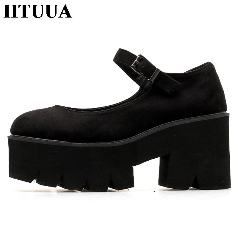 HTUUA/Новая Осенняя обувь на толстой платформе женские туфли-лодочки повседневная обувь на высоком каблуке с пряжкой черная обувь с круглым носком; SX1528