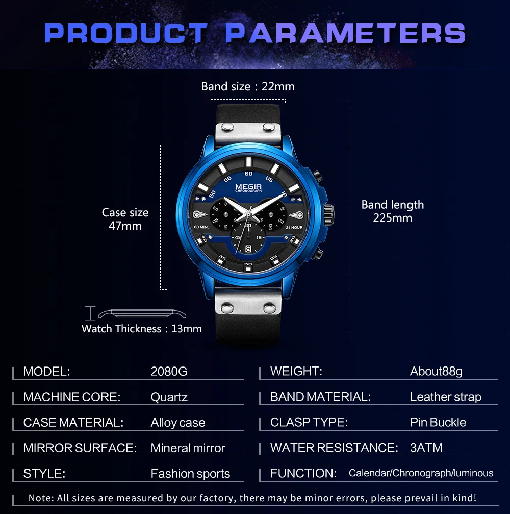 

Megir Relogio Masculino Sports Men's Watch Fashion Multi-function Calendar Leather Quartz Watches Date Luminous Clock Hours