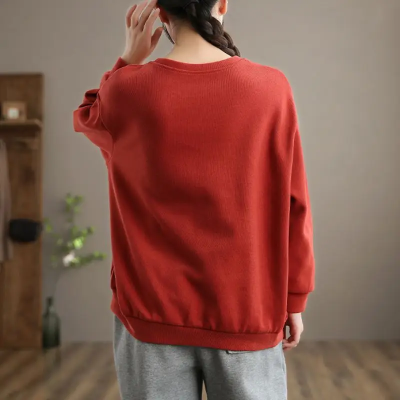

EleeMee Retro Women Hoodies Spring/Autumn Solid Color Loose Short Tops Korean O-Neck Korean All-Match Female Free Size