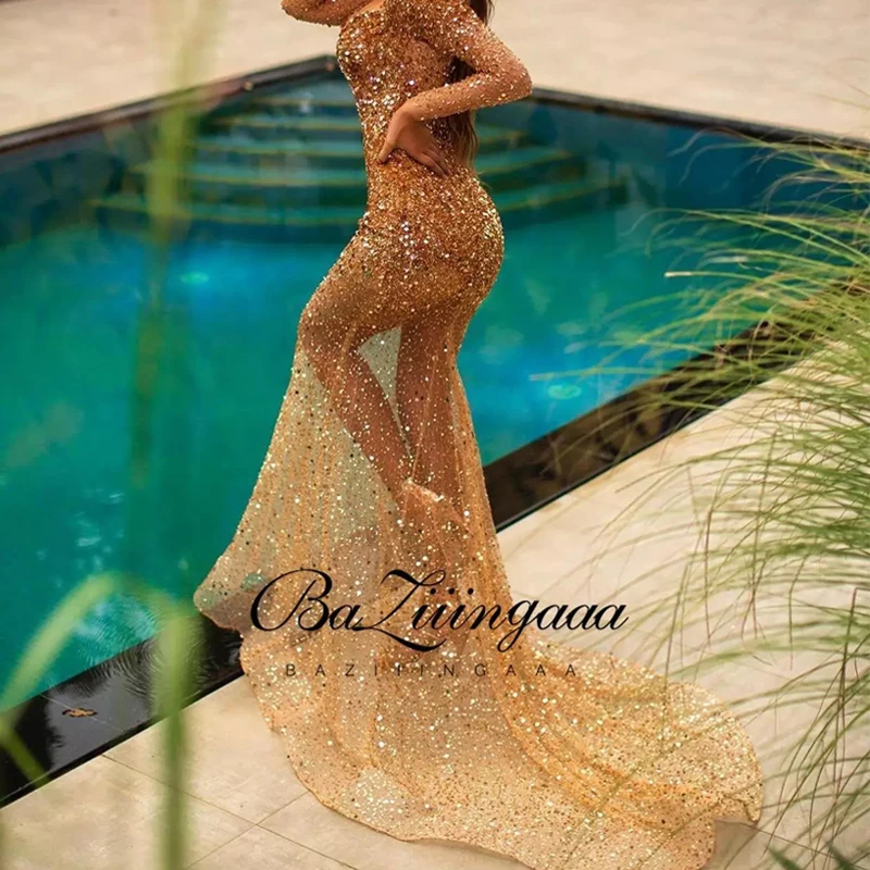 

BAZIIINGAAA Luxury Ball Gown Long Woman Gown 2021 Sequins Evening Dresses Parties Robe de bal Plus Size Prom Party Gowns