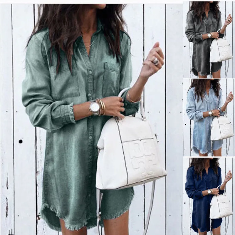 Women Denim Tunic Shirt Top Long sleeve Autumn High Low Blouse | Женская одежда