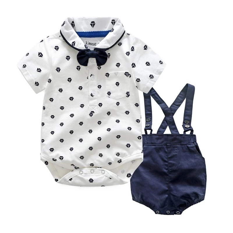 

Newborn Baby Suit Bow Tie Summer Clothing Infant boy Clothing Sets Cotton Baby Rompers+ Strap Shorts For 3-24 Months