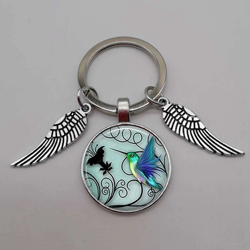 Подвеска ручной работы из голубого стекла с колибри выпуклое кольцо для ключей