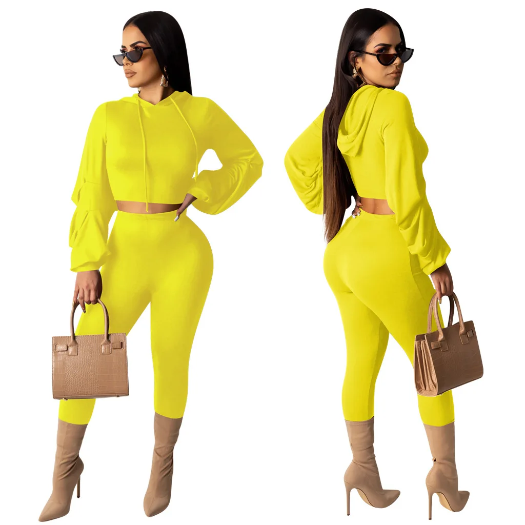 

444111 Autumn Winter Women Casual Fashion Solid with Hood Navel Sports Two Piece Set Top and Pants Tracksuit Sweatsuit Outfits