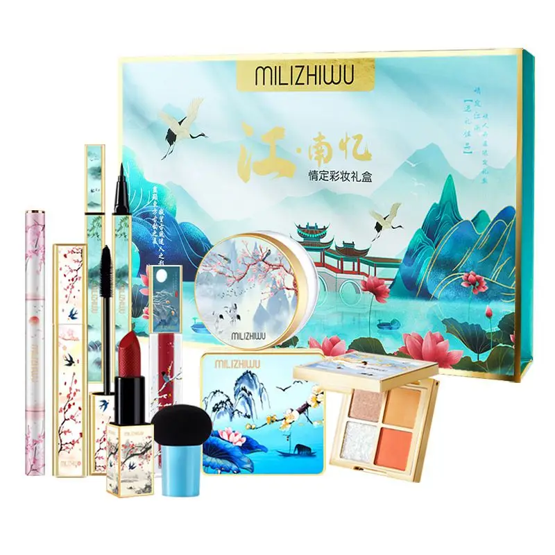 

Makeup Set Chinese Style Gift Box Women Cosmetics Velvet Lipstick Air Cushion Loose Powder Pearly Eyeshadow Blush Mascara Kit