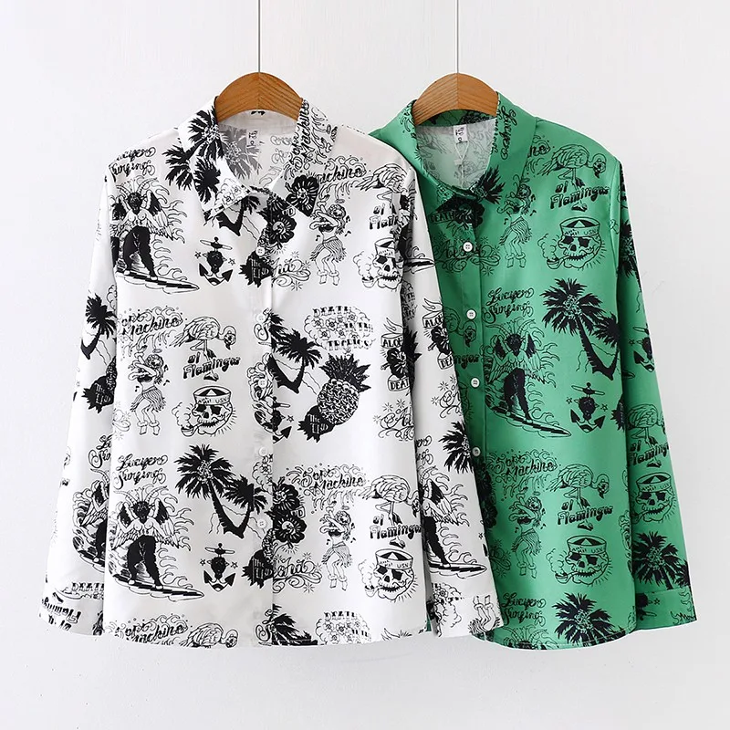 

Hot Fashion Women Graffiti Print Blouse Shirt Casual Lapel Blouses Long Sleeve Top High Quality