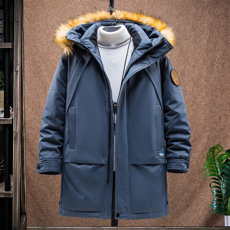 

2021 Long down jacket star tiktok brand same style men's puffer with thick young winter coat fur collar hooded couples coat