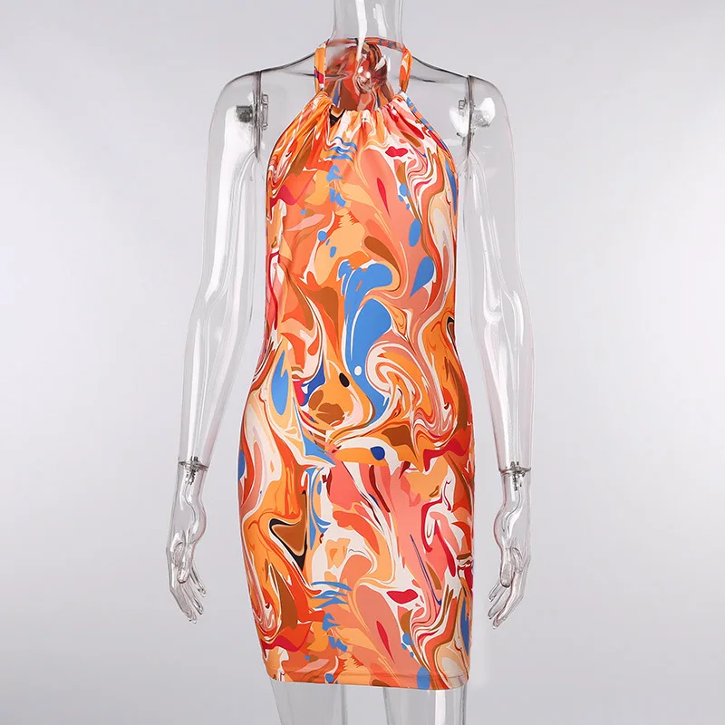 

Sexy O-Neck Halter Casual Slim Pencil Short Vestido Summer Party Basic Dress Women Sleeveless Printed Skinny Stretch Mini Dress