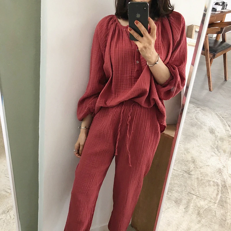 Korean Cotton Line Home Suit Women Solid Vintage Sleepwear Soft Pajamas Set Sweet Loose Buttons Lace Up Long Pants Tow Piece Set