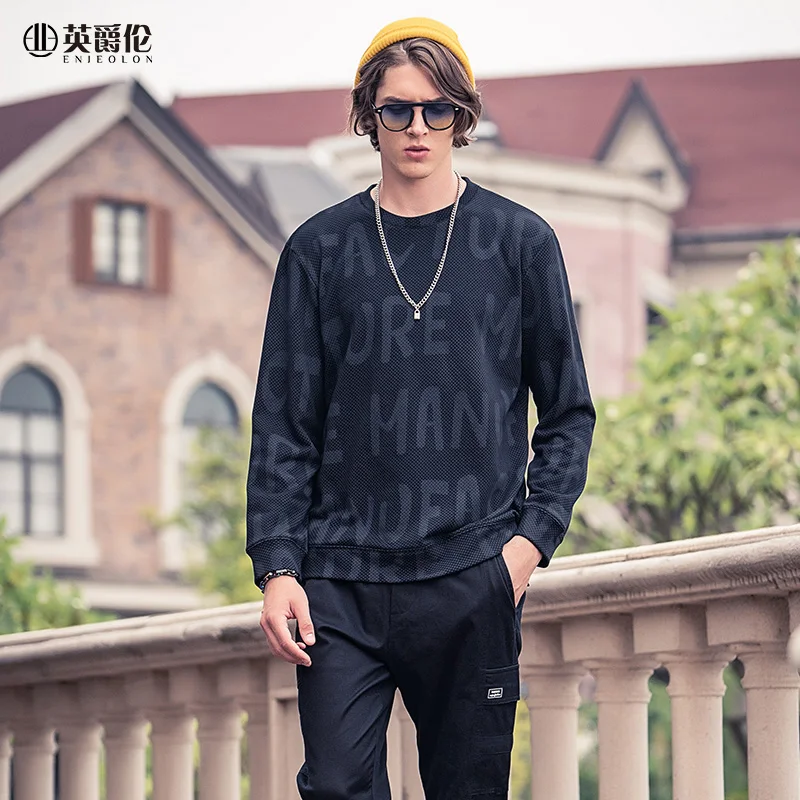 

Enjeolon Autumn New Men Hoodies Casual Letter Print O-neck Hoodies Sweatshirts 100% Cotton Male Clothes WY5939