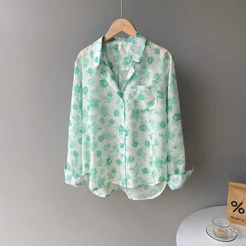 

COZOK Rose Print Blue Shirt Women's 2021 Summer Wind Sunscreen Long Sleeve Shirt 787