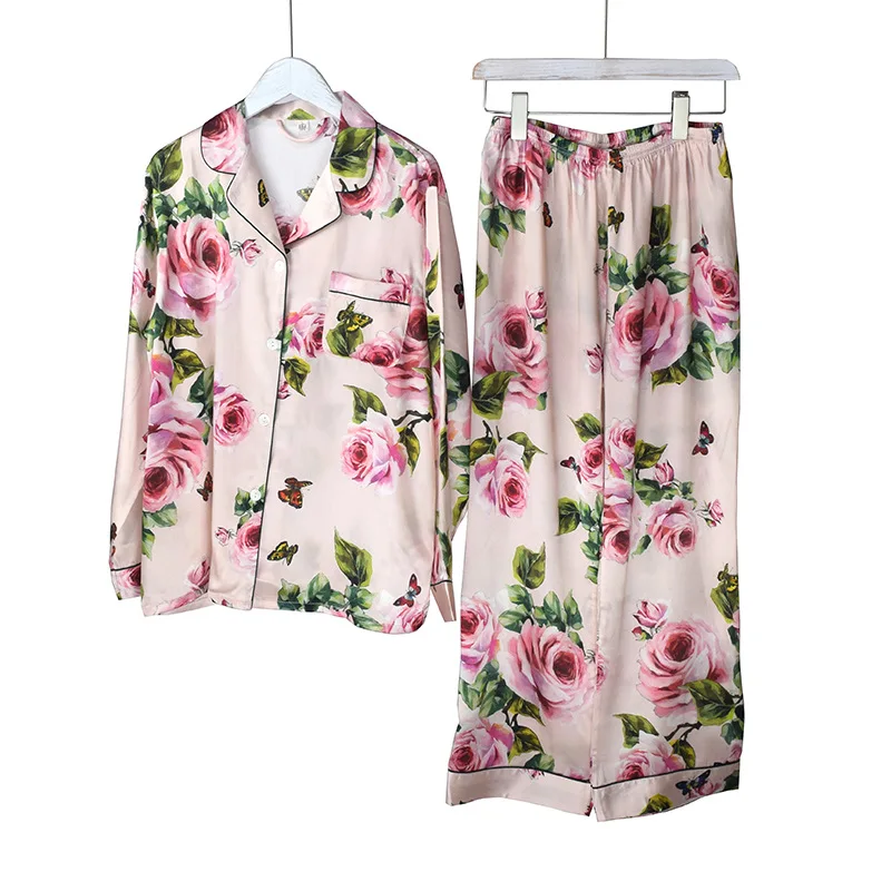 Women Silk Pajamas Set Sleepwear Spring Long Sleeve Mujer Pijamas Nuisette Lingerie Nightwear Silk Satin Rose Pyjamas Suit 2Pcs