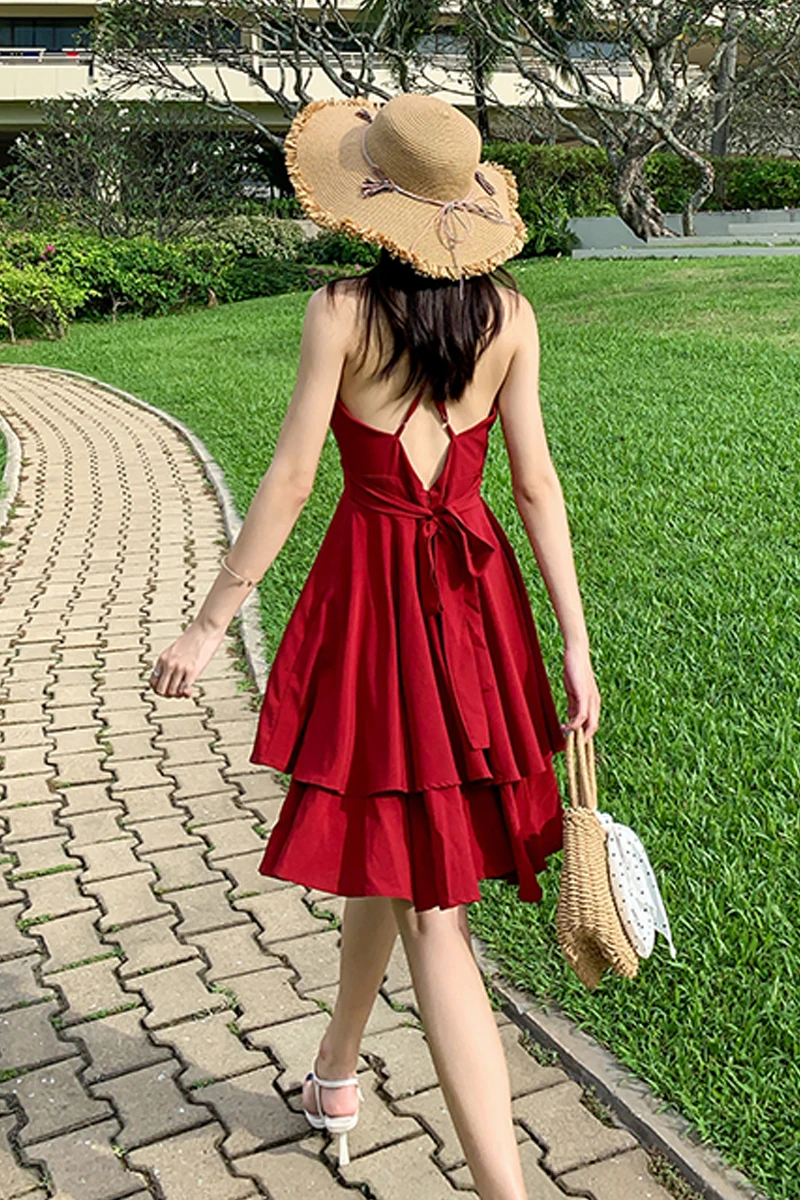

Vintage red dress with ruffles, super slim waist, open back beach holiday skirt, small V-neck, red suspender dress