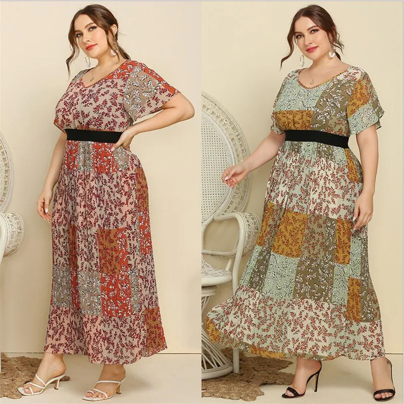 

Women Spring Summer Print Long Dress Casual Loose Short Sleeve Abaya Muslim Islamic Vestido Kaftan V-neck High Waist Plus Size