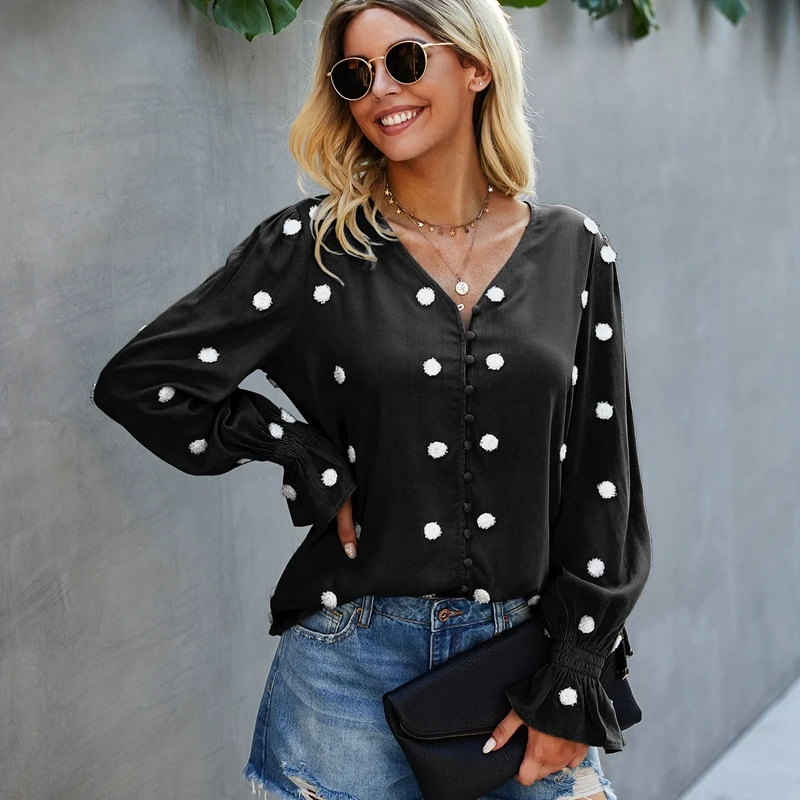 

Summer Spring 2021 New Ladies Dot Street Style Blouse Loose V Neck Loose Princess Sleeve Casual Female Chic Tops Blouse