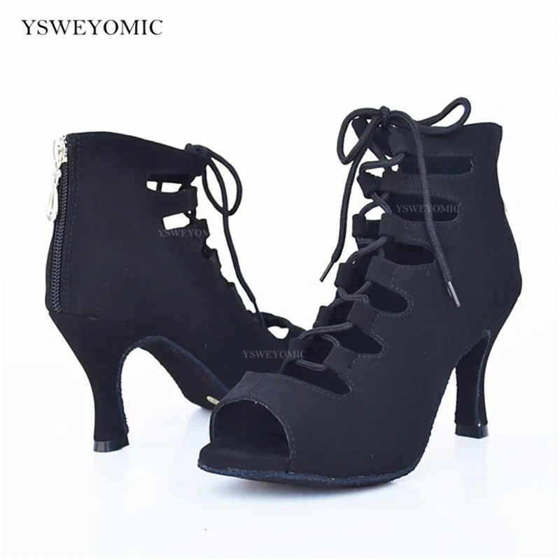 Latin Dance Boot Meduim Heel 7cm Indoor Black Nubuck Customized Color Women Practise Salsa Bachata Latin Dance Shoes For Lady