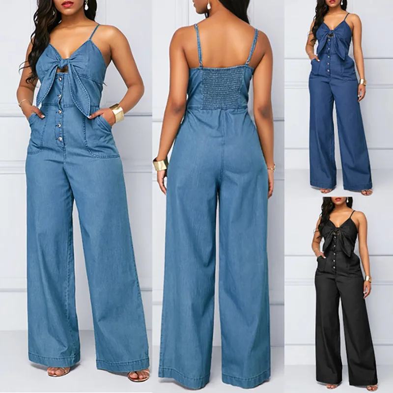 

Women Denim Jumpsuits and Rompers Sexy Spaghetti Straps Jeans Wide Leg Playsuits Ladies Casual Bandage V-neck Jumpsuits