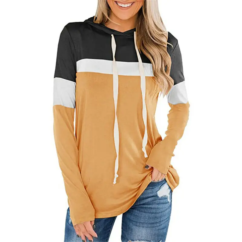 

Women Stiching Long Sleeve Hoodies Basic Soft Pullover Ladies Casual Baggy Blouse