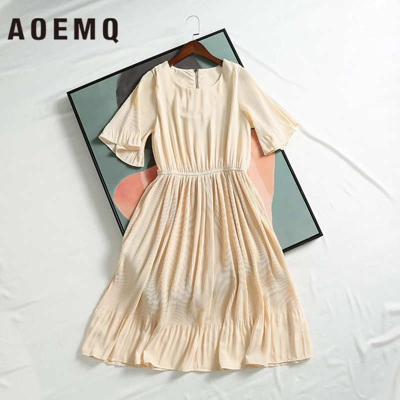 AOEMQ Осень Новый стиль платья на молнии регулируемое платье Желтый однотонный с