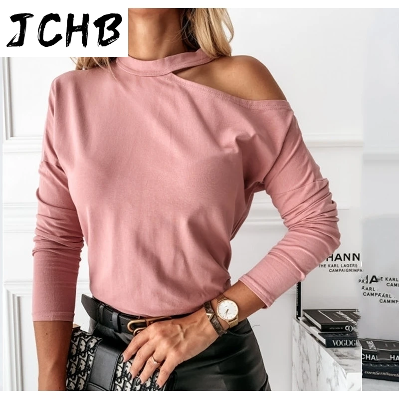 

Winter Autumn Solid Off Shoulder White TShirt Sexy Halter Long Sleeve Slim Basic T-shirts Casual Club Party Pullover Tops Ladies