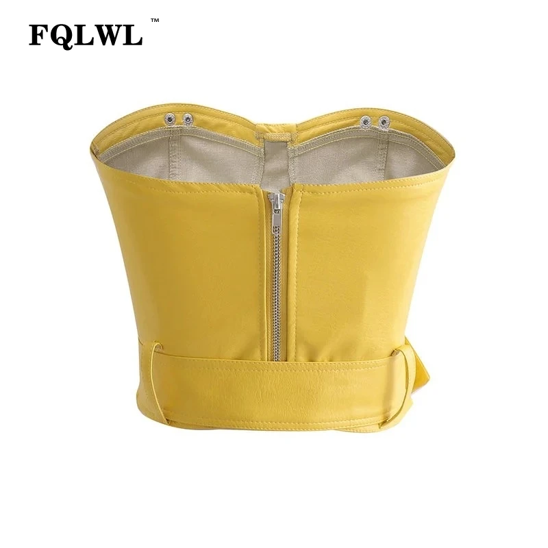 FQLWL, искусственная кожа, облегающий женский короткий топ, с поясом, открытая спина, с открытыми плечами, летняя майка, женская сексуальная, вечерние, Haut Femme, бюстье, топы
