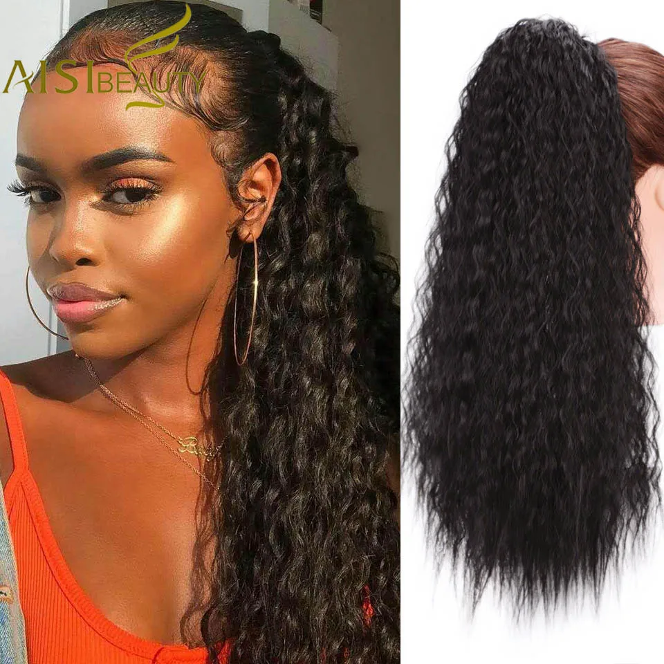 

AISI BEAUTY Long Afro Kinky Curly Ponytail Extension Synthetic Drawstring Corn Hair Piece for Women Black Brown