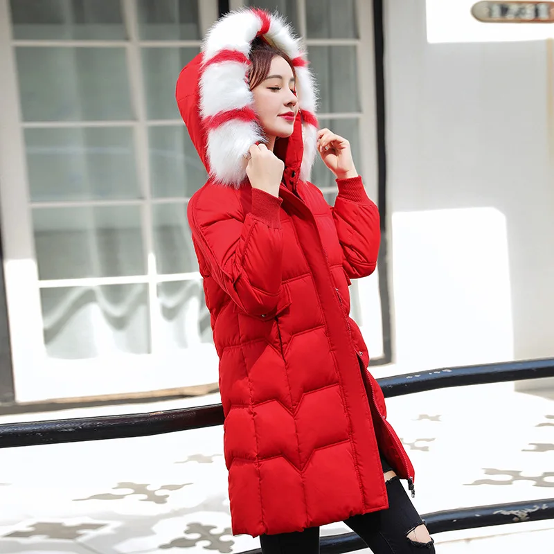 Женская длинная куртка с меховым воротником Зимняя парка размера плюс теплый