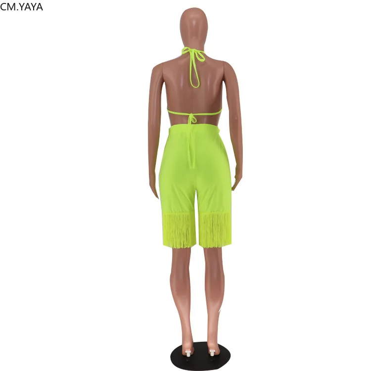 

2019 Women summer neon color halter crop top tassel splicing knee length pants suit two piece set beach tracksuit outfit DF0677