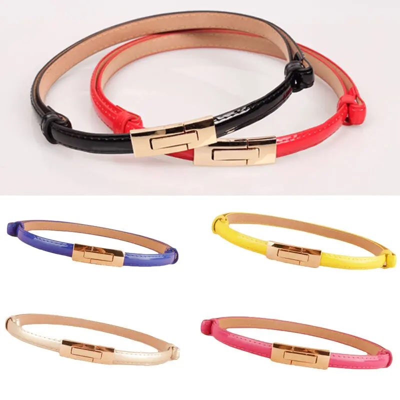 Для женщин леди тонкие узкие Золотой фиксатор Пряжка Регулируемый кожаный пояс