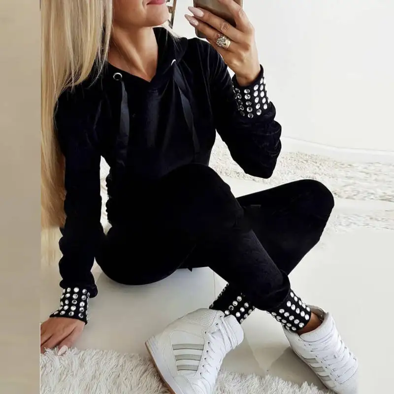 Комплект из топа и штанов с капюшоном завязками|Спортивные костюмы| |