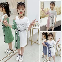 dress for girls summer 2022 children korean fashion print open shoulder spliced irregular casual clothing student kid green pink