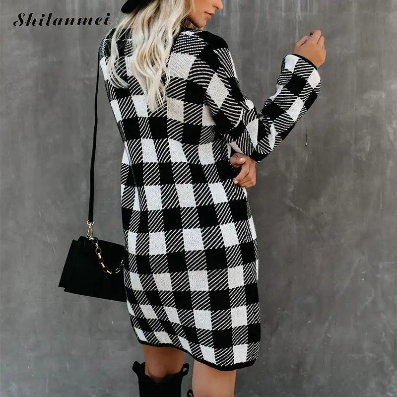 Уличное женское клетчатое вязаное платье, классическое черно-белое клетчатое платье, женское осенне-зимнее модное офисное черное платье