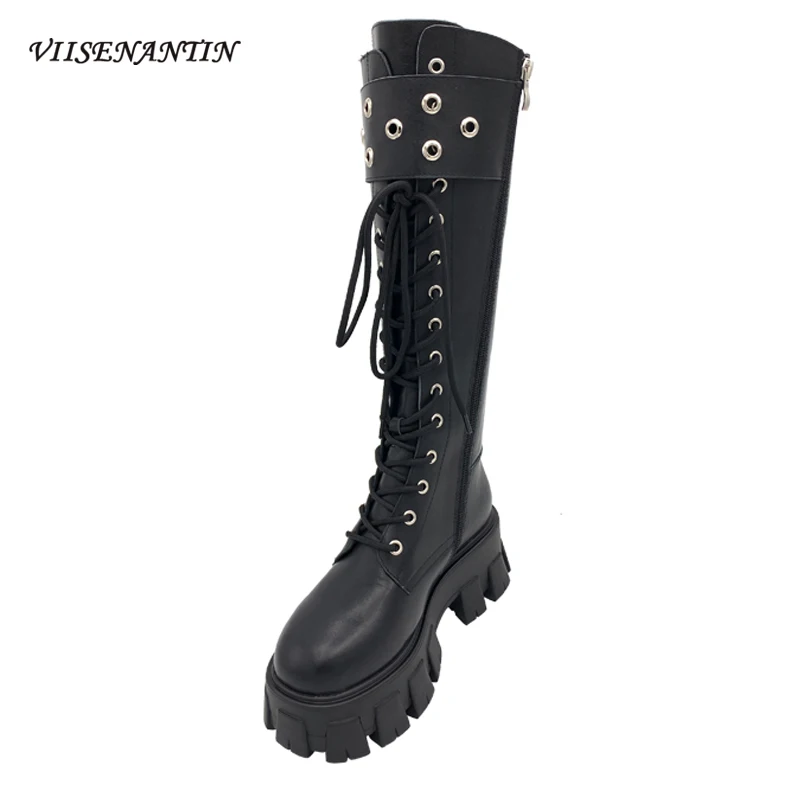 

Новинка, женские мотоциклетные ботинки на ремешках, увеличивающие рост, до середины икры, водонепроницаемые ботинки, кожаные зимние рыцарс...