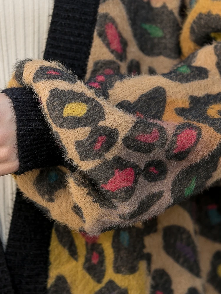 

QING MO Knitted Women Colorful Leopard Print Coat Women Flower Cardigans Sweater Female Vintage Loose Sweater Coat ZQY6177