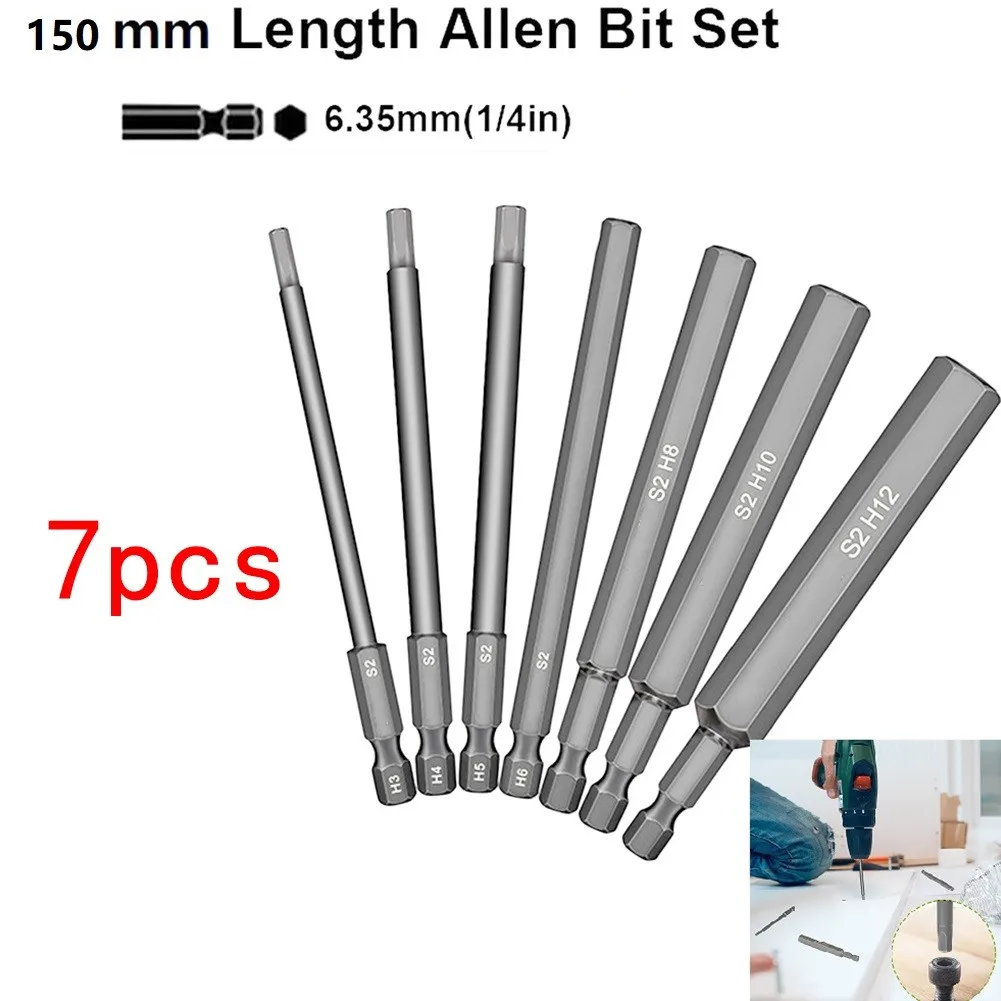 

7pcs Screwdriver Bits Hex Head Allen Wrench Drill Bit 150mm S2 Steel Screwdriver Bits Metric 3/4/5/6/8/10/12mm Hand Tools