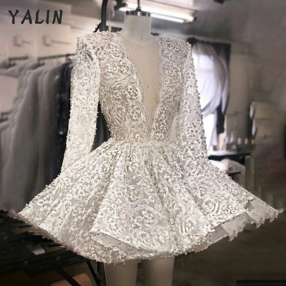 

YALIN Long Sleeves Beaded Prom Dresses Mini Length Lace Vestidos De Fiesta Deep V Neck Celebrity Party Gowns Robes De Soirée