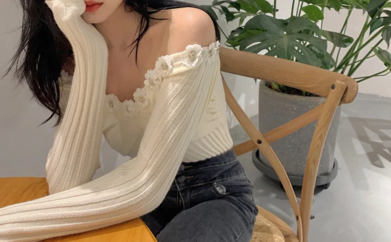 

Женский свитер с длинным рукавом Nuyoah, тонкий свитер с цветочным принтом, с открытыми плечами, осень 2021