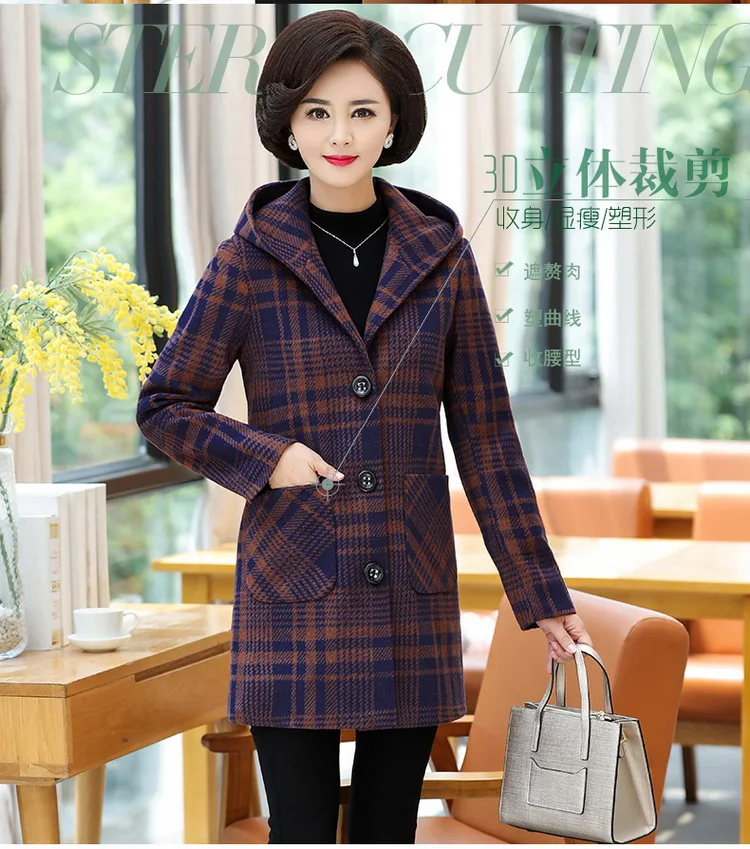 

Women's Autumn Winter Jacket Coat New Fashion Plaid Hooded Outerwear Plus Size 5XL Middle-aged Female Woolen Coat Basic Tops