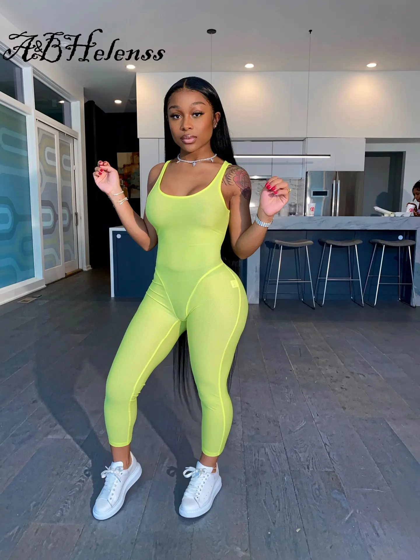 

A&BHelenss 2021 Jumpsuit Women Sexy Sheer Mesh O Neck Sleeveless Tank Top Leggings Bodycon See Through Bodysuit Jumpsuit