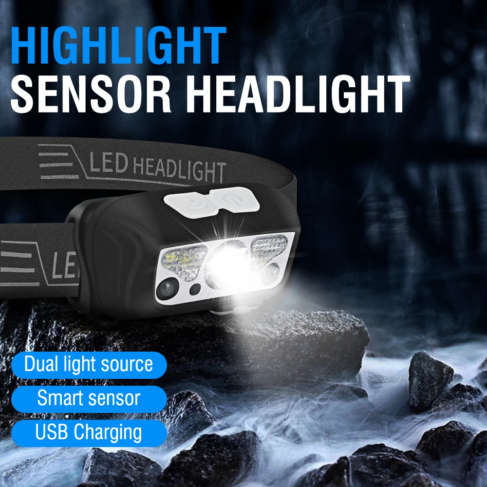 

BORUIT USB headlight High Power lantern IPX4 Waterproof & Dustproof Highlight Sensor Headlamp Zoomable Smart Induction Modes