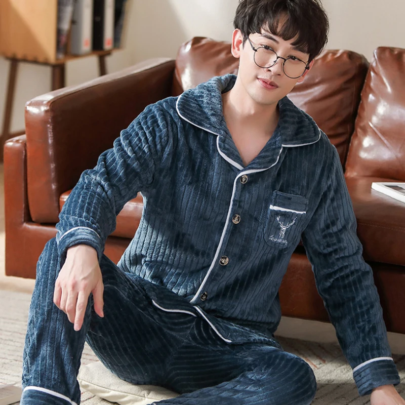 Теплая Пижама Мужская Фланелевая зимняя плотная Толстая пижама с длинным