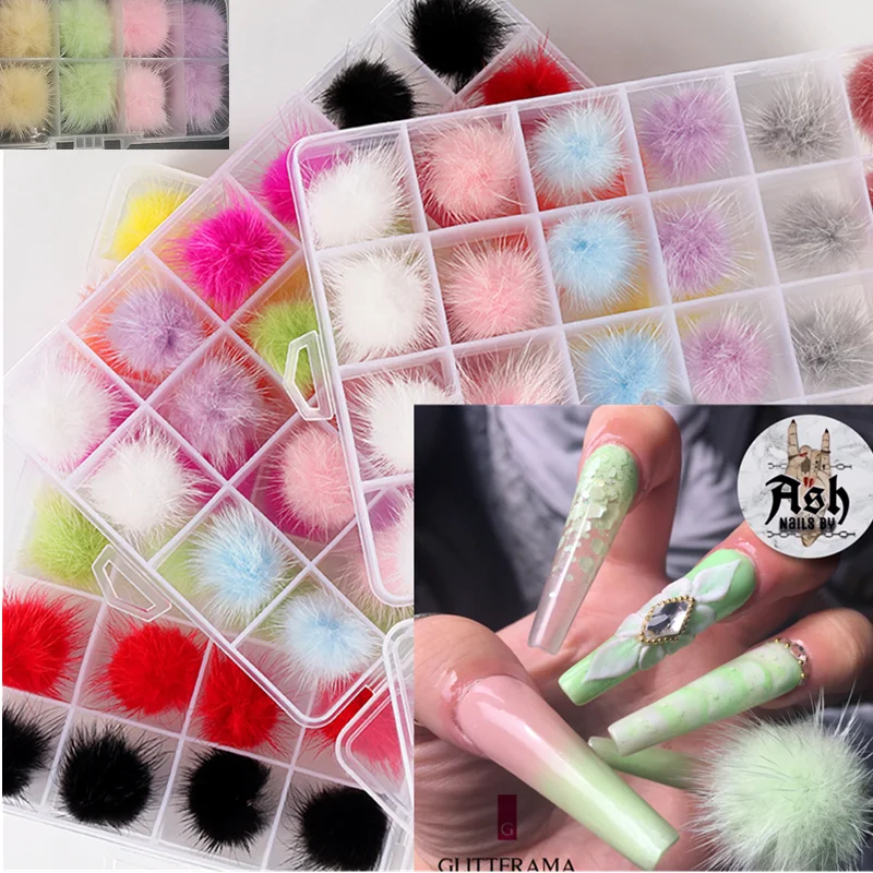 

6Pcs/10Pcs/24Pcs Box Detachable Nail Art Fluffy Pom Detachable Magnetic Nail Charms Rhinestone DIY Nail Decoration Accessories