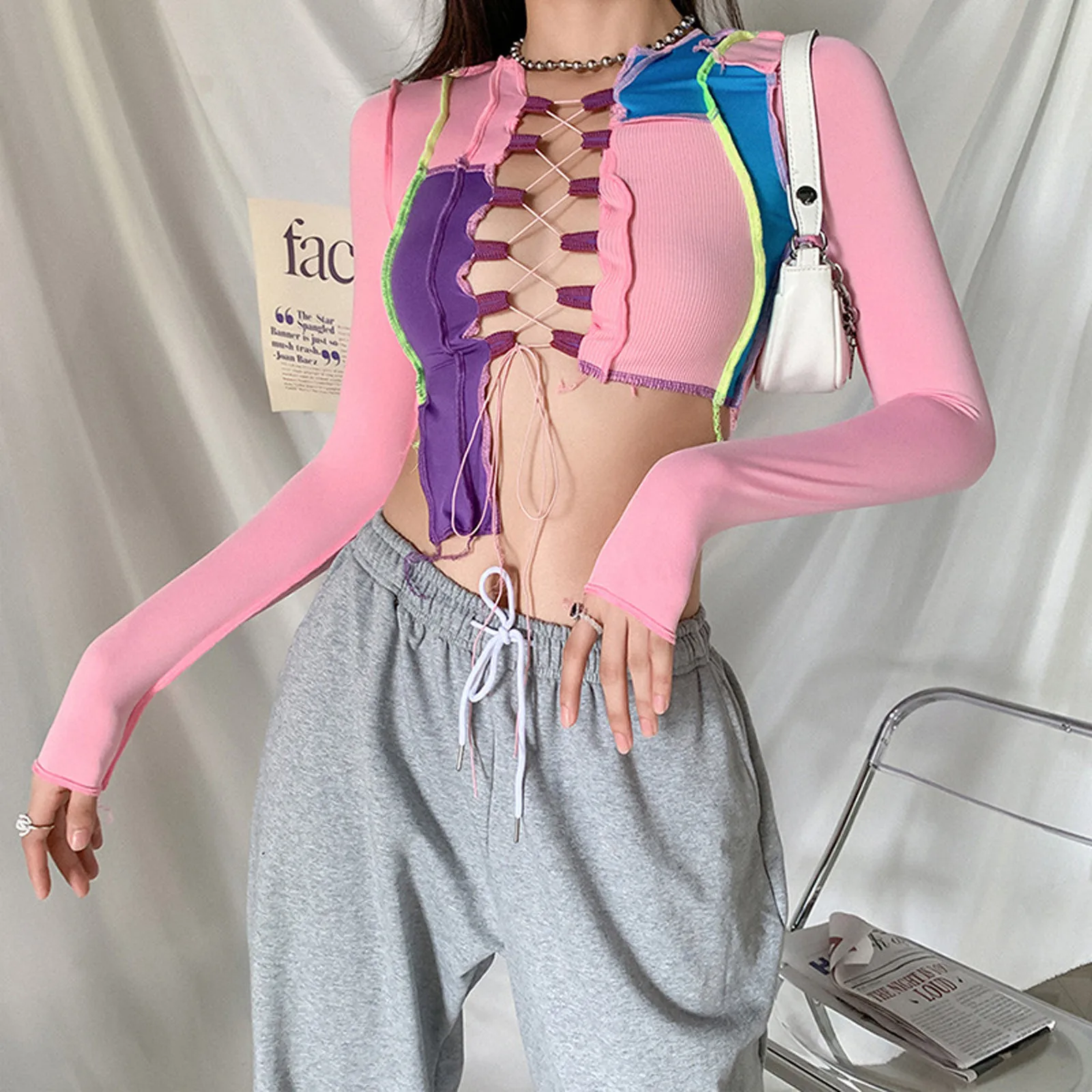 Женский облегающий топ на бретельках Готическая футболка с длинным рукавом