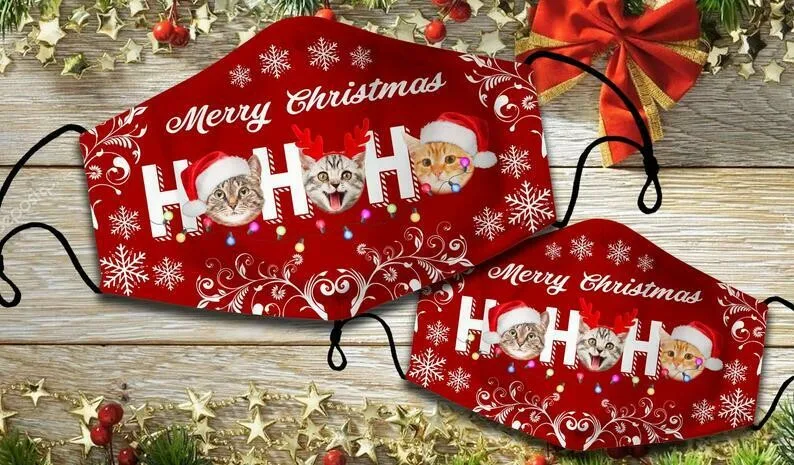 

Merry Christmas Ho Ho Ho Cute Santa Cat Meowy Christmas Mouth Covering Washable Reusable Fabric Face Mask with Filter