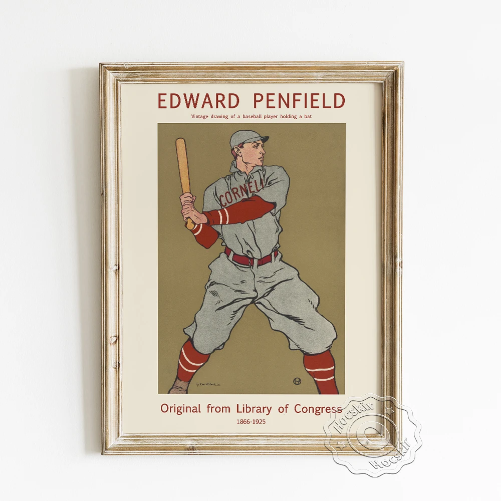 

Edward Penfield Exhibition Museum Poster, Vintage Drawing Baseball Player Holding A Bat Wall Stickers, ballgame Wall Art Decor