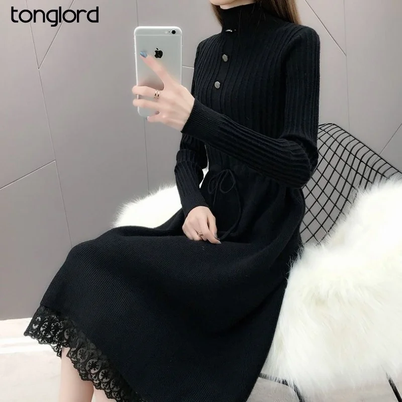 

Tonglord 2020 Autumn New Knitted High-neck Dress Women's Long Lace Long Skirt Solid Color Waist Belted Bottoming Sweater Dress