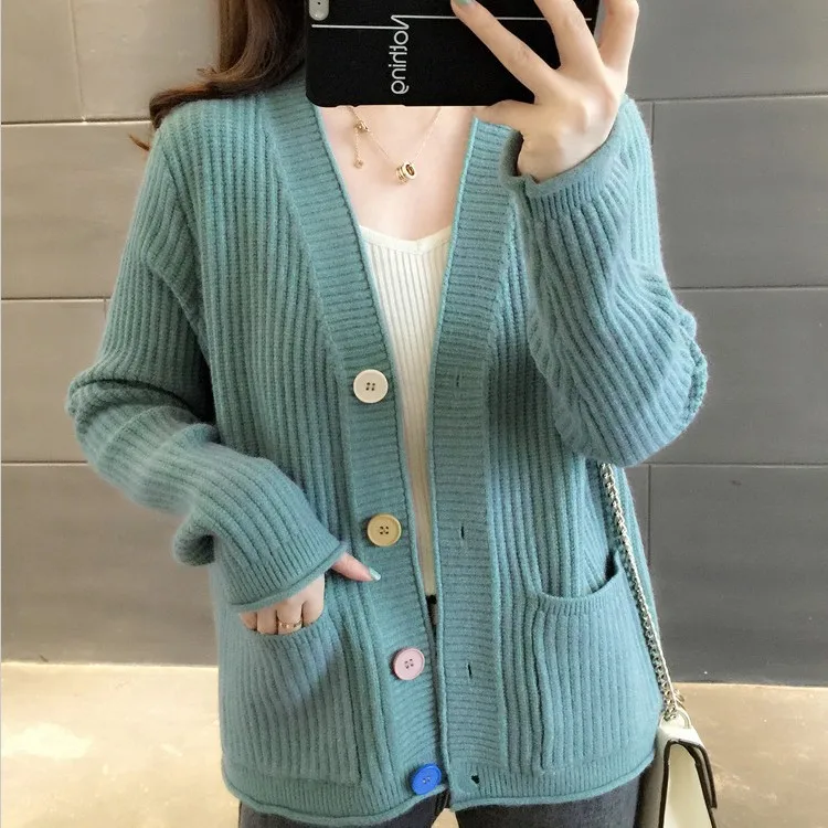 Женский однобортный вязаный кардиган свободный Однотонный свитер с V-образным