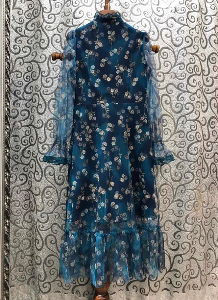 

Top Quality New 2020 Spring Runway Style Women Ruffled Collar Elegant Flower Print Long Sleeve Mid-Calf Blue Party Ladies Dress