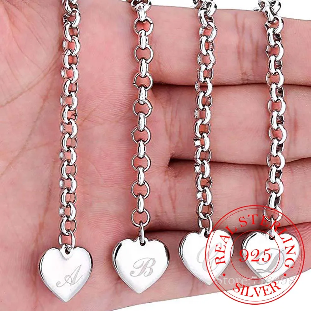 

Punk Design 925 Sterling Silver A-Z Letter Heart Charm Bracelets & Bangles For Women Fine Jewelry Pulseras Mujer Moda 2020
